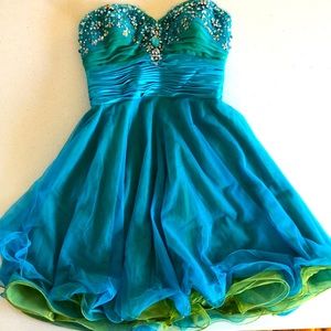 Adrianna Papell Embellished Ruched Blue and Green Prom Dress